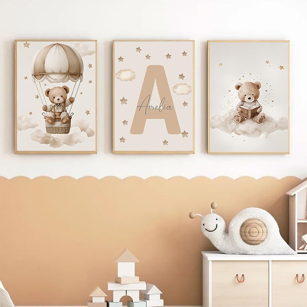 3 Affiche Ours Prenom 30X40CM Poster Ourson Bebe Tableau Decoration Murale Nounours Toile Chambre Enfant Garçon Affiche Personnalisée Enfant Beige Tableau Ourson Chambre Bébé Cadeau sans Cadre