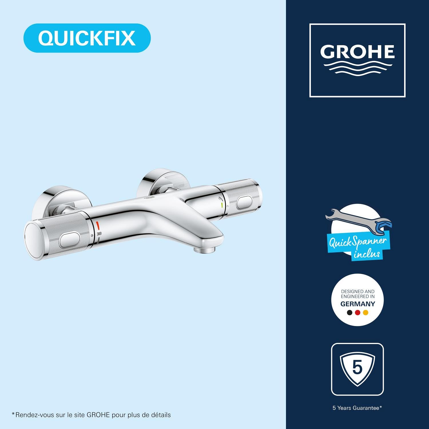 GROHE Mitigeur thermostatique douche Precision Feel, montage mural, indicateur de température, filtres intégrés, poignées métalliques, rosaces incluses, chromé, 34788000 (Import Allemagne)