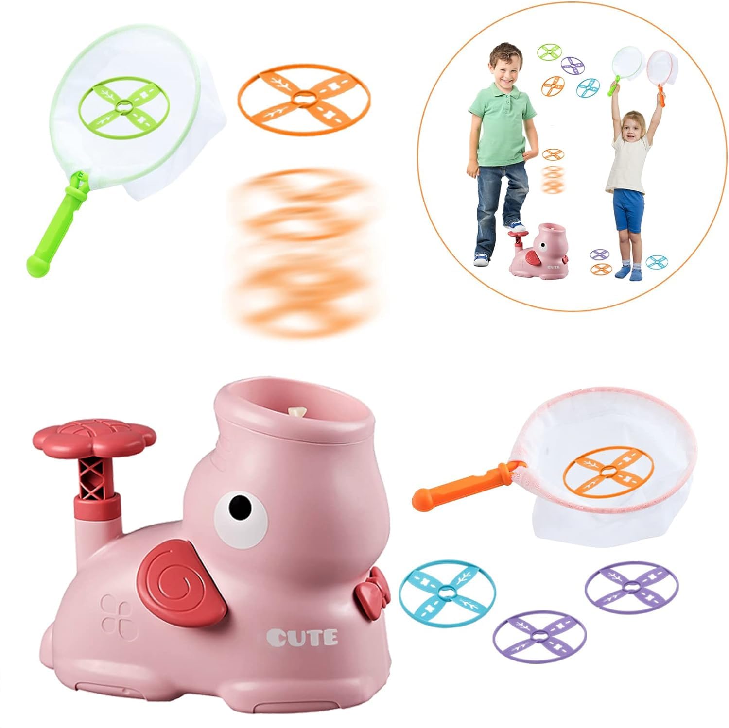 XTECH Flying Disc Launcher, Outdoor Catching Game-Flying Disc Launcher Toys Toddler Flying Saucer Family Game with 8 Flying Discs 2 Net Pockets Boys Girls Ages 4+ (pink)