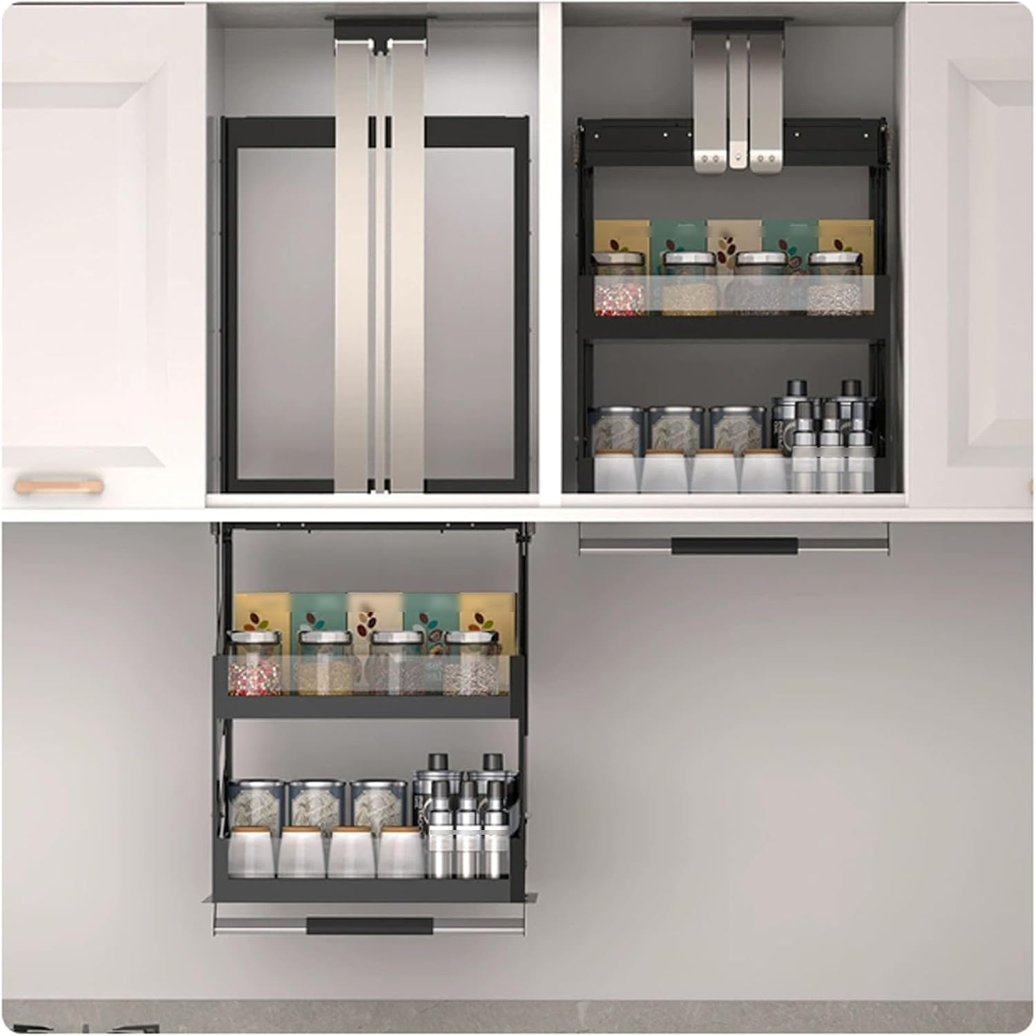Upper Cabinet Pull Down Shelf 2-Tier Pull Down Cabinet Organizer Featuring a Brake-Bar Design Extendable To 53cm With A Load Capacity of 10-15kg Suitable for Kitchens and Bathrooms 56x28x67cm
