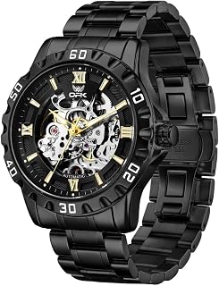 OPK Automatic Mens Skeleton Original Luxury Waterproof Dress Wrist Watch | Big-Face Self-Winding Mechanical Watch – Steel/Leather Strap, Stylish Gift Idea