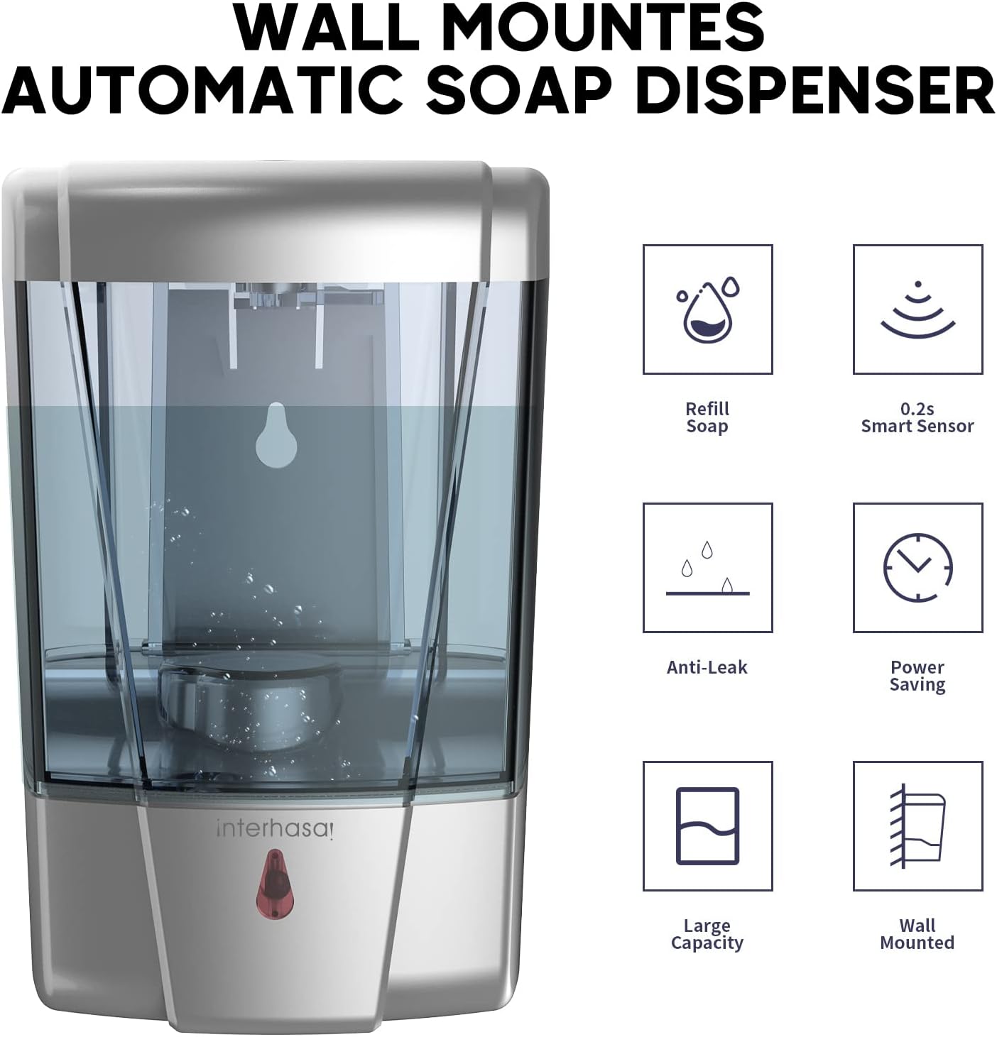interhasa! Automatic Soap Dispenser Wall Mount, Hand Sanitizer Dispenser 600ml/20oz Touchless Sensor Hand Free Soap Dispenser for Gel/Liquid, ABS Plastic, White (1 Pack Silver)