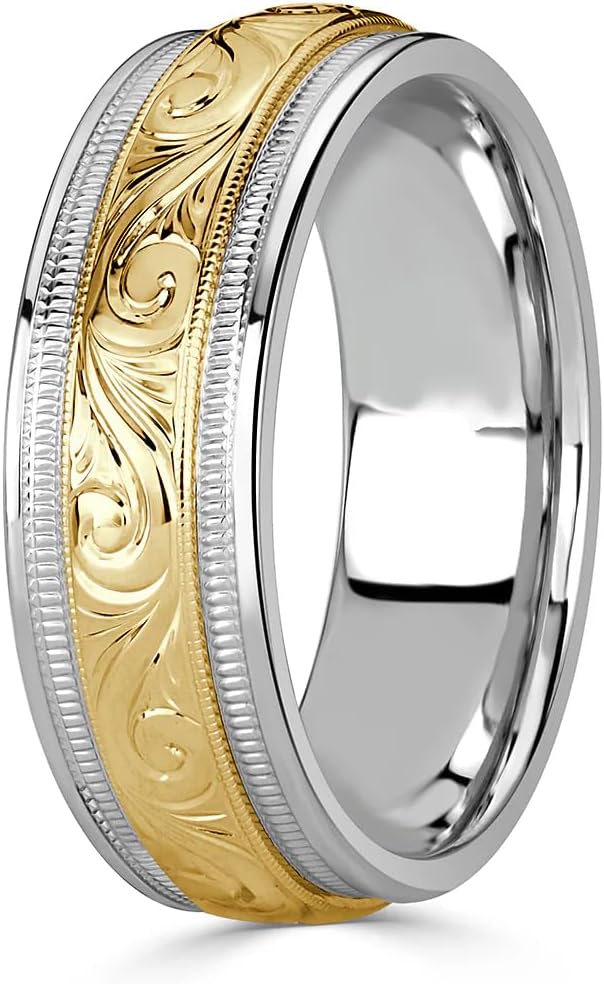 6MM Two Tone Wedding Band Ring for Men 10K 14K 18K Yellow Gold & White Gold Eternity Wedding Band for Engagement Anniversary