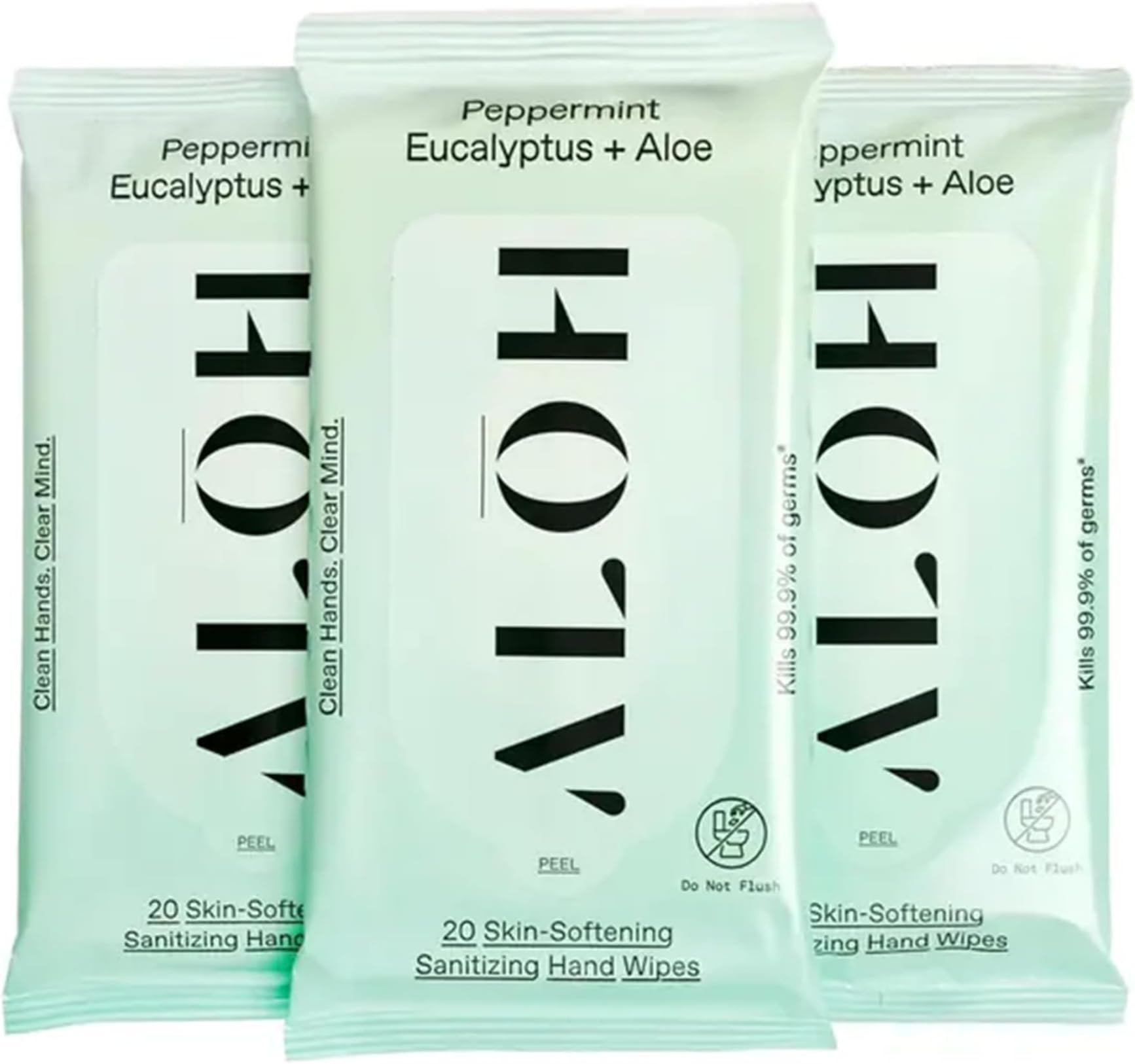 ALŌH Peppermint Eucalyptus + Aloe Hand Sanitizer Wipes, Travel Size | Clean Hands, Clear Mind, On The Go for Kids and Adults | Alcohol Free, Moisturizing, Scented | 3 Pack 20ct Wipes (60 wipes)