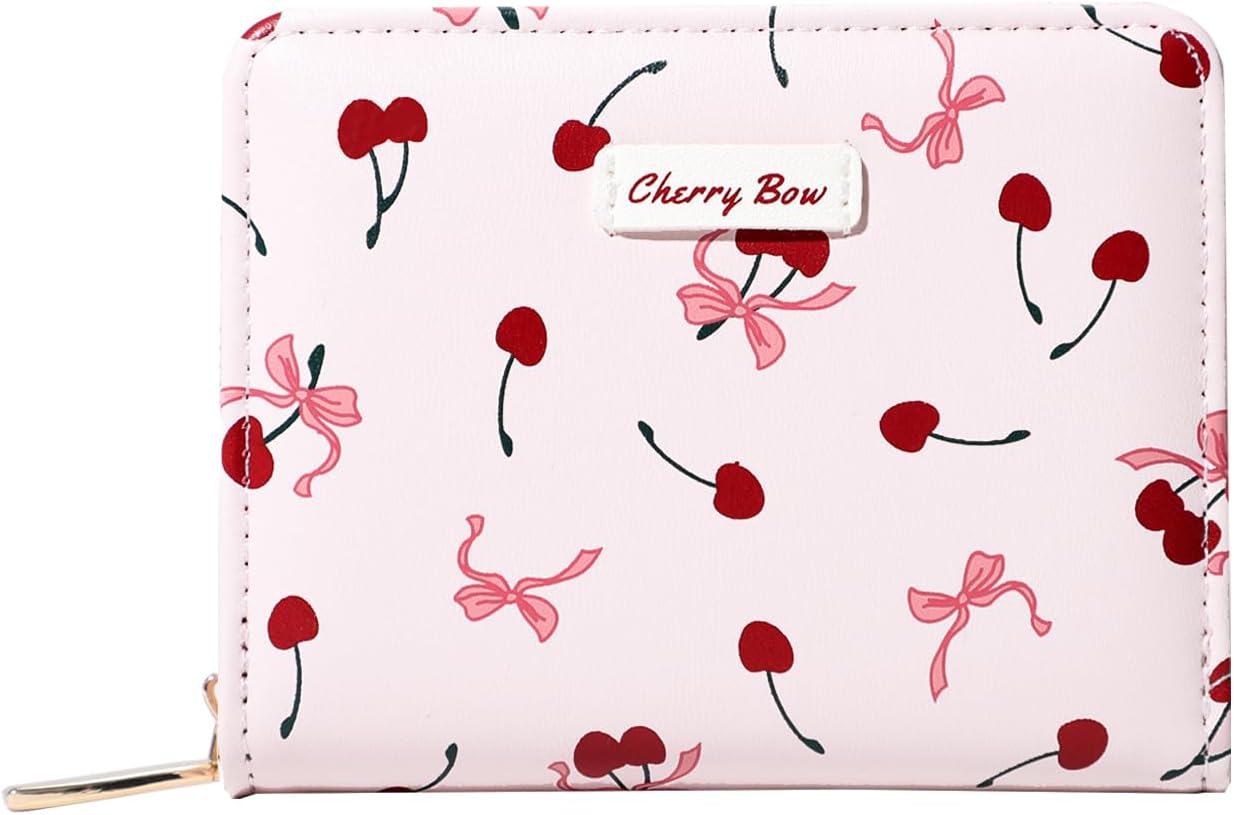 Sunwel Fashion Women Cute Print Wallets with Credit Card Slots ID Window & Zipper Coin Pouch (CHERRY BOW PINK)