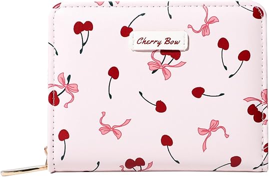 Sunwel Fashion Women Cute Print Wallets with Credit Card Slots ID Window & Zipper Coin Pouch, CHERRY BOW PINK, 4.4" W x 3.46" H x 1.22" D, Coquette