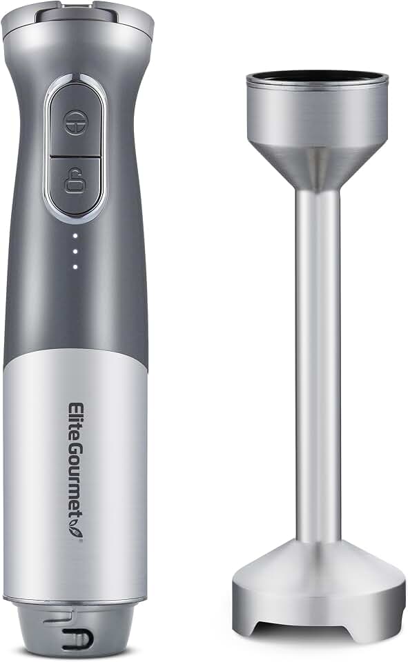 Elite Gourmet Misturador portátil EHB1300, recarregável, sem fio, mistura de velocidade variável, lâminas de aço inoxidável, portátil, liquidificador manual