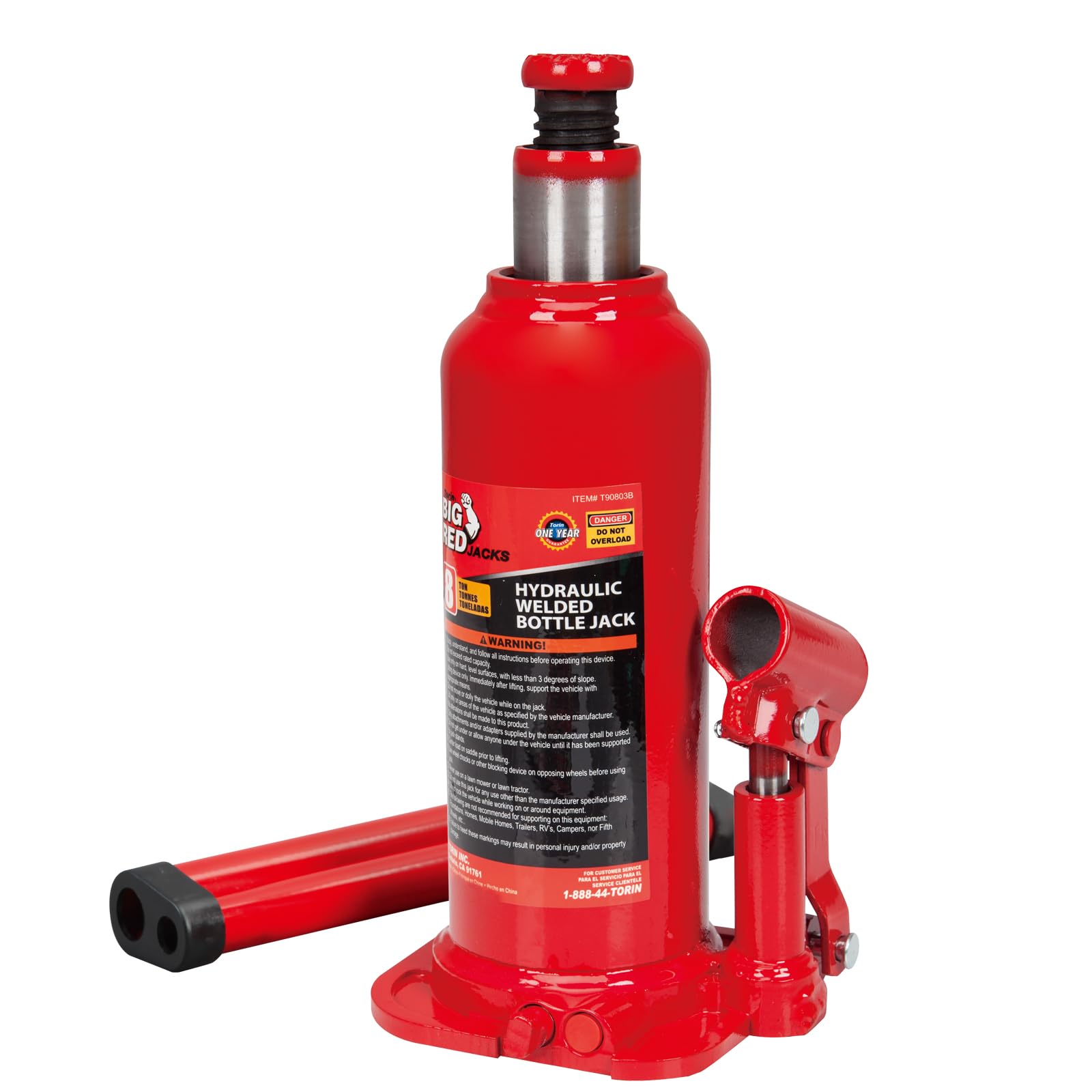 BIG RED T90803B Torin Hydraulic Welded Bottle Jack, 8 Ton (16,000 lb) Capacity, Red