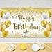 Gold White Birthday Party Decorations Banner, Gold and White Happy Birthday Backdrop Banner, Large Gold White Birthday Banner Photography Background Party Decoration for Women Men Girls 70.8x43.3Inch