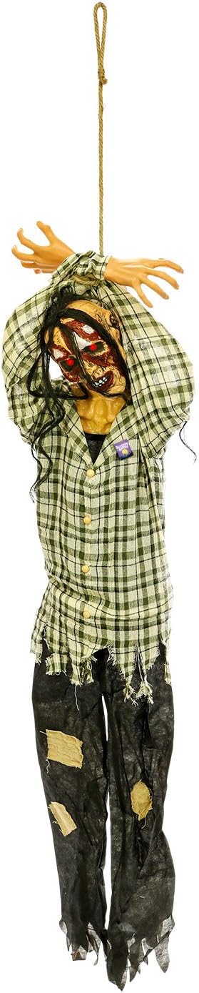Halloween Haunters Hanging 6 Foot Scary Prisoner Zombie Man with Screaming Sounds and Light-Up Eyes Prop Decoration - Life-Size Hands Tied Tortured Soul - Haunted House Graveyard Entryway Display
