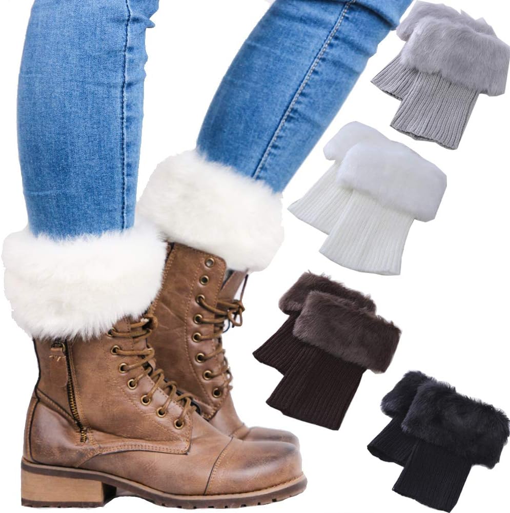 DUOQIANWomen Faux Fur trim Boot Cuffs Socks Crochet Knitting Short Leg Warmers 4 Pack…