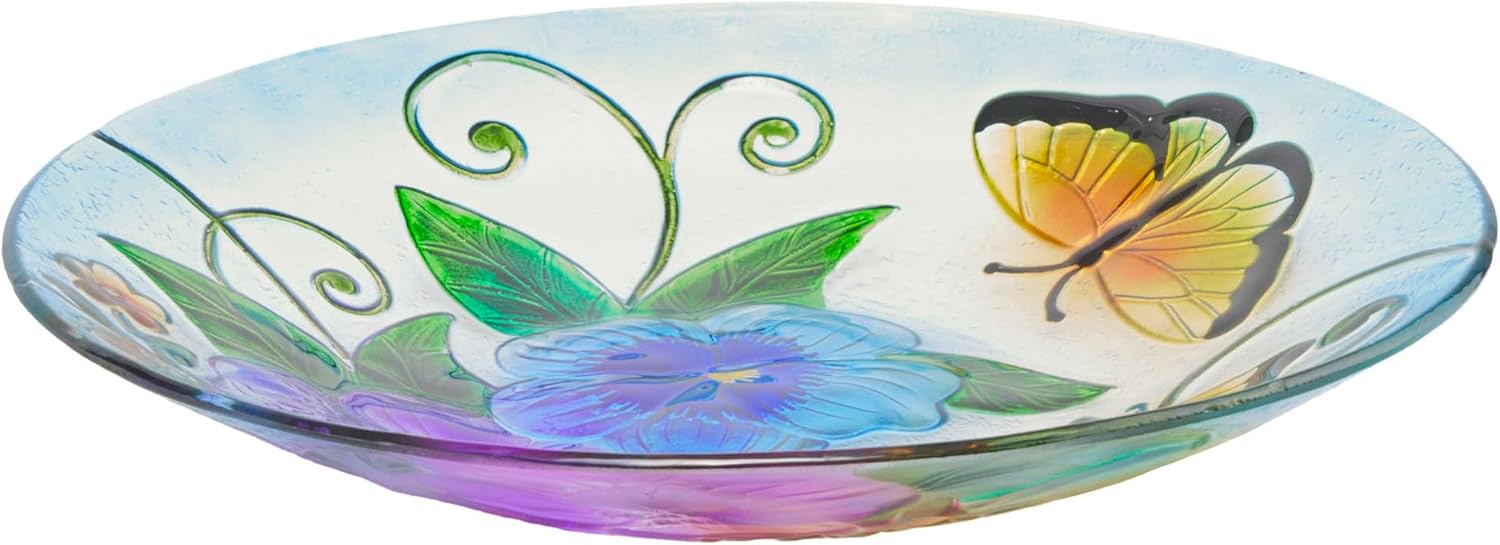 Alpine Corporation GBB1823 18" Hand-Painted Glass Birdbath Bowl with Colorful Butterflies and Flowers – Decorative Garden Decor, Outdoor Bird Feeder