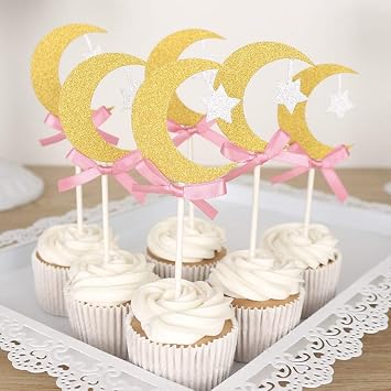 30Pcs Moon Star Glitter Cupcake Toppers Gold Moon&Silver Star with Pink Bowknot Cake Topper for Birthday Party Baby Shower Gender Reveal Wedding Eid Mubarak Party Decorations
