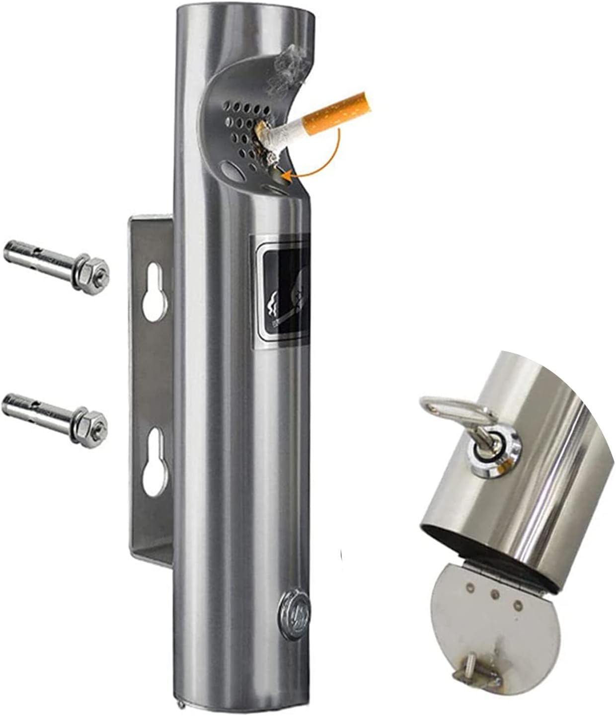 Stainless Steel Wall-Mount Cigarette Butt Receptacle - Outdoor Ashtray with Lock for Patio, Commercial Use, Durable Cigarette Disposal Solution, Weather-Resistant Ash Container