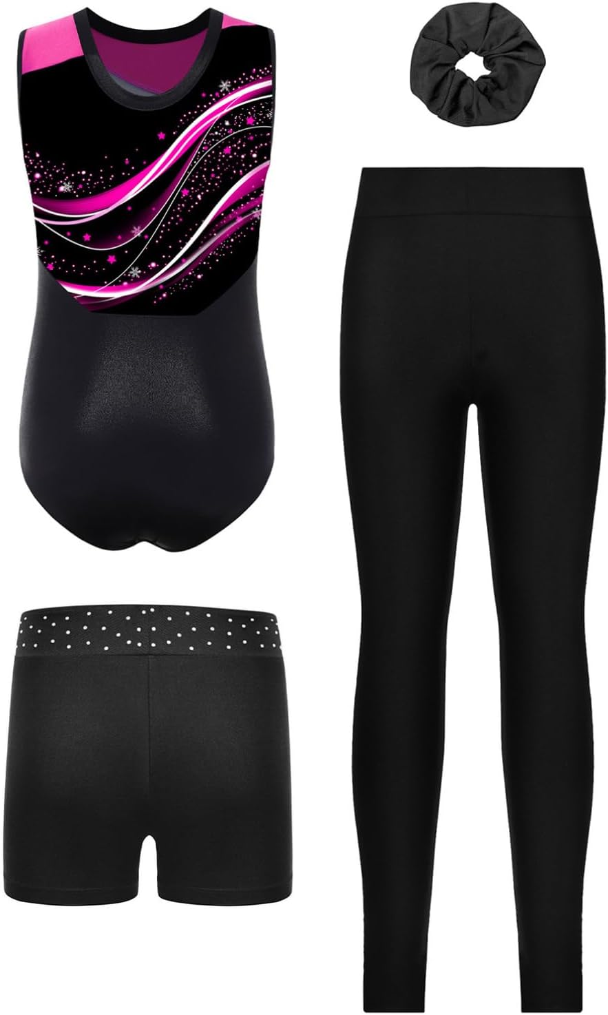 YiZYiF Figure Skating Outfits for Girls Sports Workout Gymnastics Leotards 4-Piece Activewear Set Active Dance Unitard Hot Pink 12 Years
