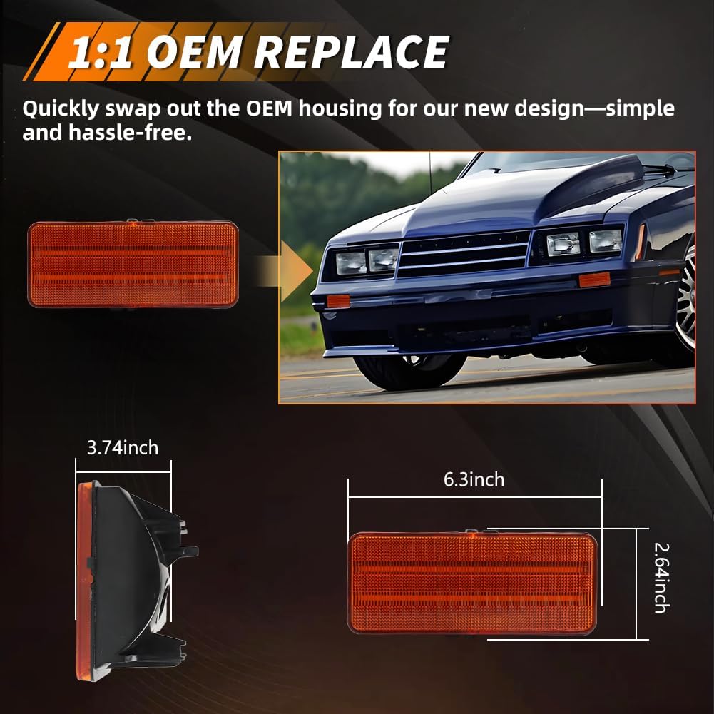 LED Front Turn Signal Marker Light Compatible with Mus-tang Capri 1979 1980 1981 1982 1983 1984 1985 1986, [2 in 1 Design] Amber Sequential Turn Signal Marker Light & DRL, 2 PCS, Amber Lens