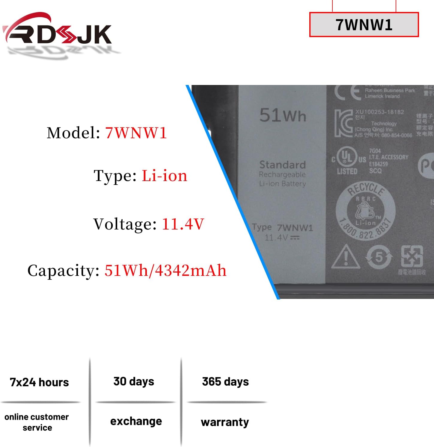 7WNW1 Laptop Battery for Dell Latitude 7424 5424 5420 Rugged Extreme P85G P85G001 P86G P86G001 P137G P137G001 P137G002 Series DMF8C 0DMF8C GK3D3 0GK3D3 6NNCF DP3KF DMF0C 451-BCHV 451-BCHS 11.4V 51Wh