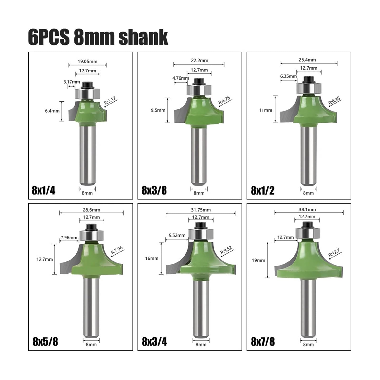 1/6 Sztuk Frezarka Do Drewna 8mm Shank Prosty Frez Trzpieniowy Trymer Czyszczenie Flush Trim Narożnik Okrągły Cove Bity Narzędzie(6Pcs 8mm shank)