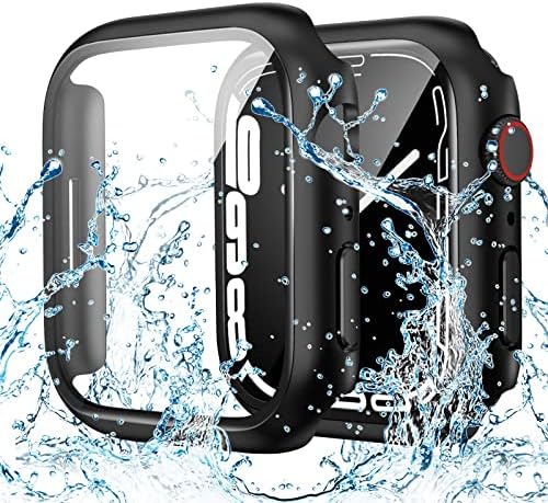Goton Waterproof Case for Apple Watch Screen Protector 44mm SE (2nd Gen) Series 6 5 4, Tempered Glass Face Cover Accessories Compatible with iWatch 44 mm Black