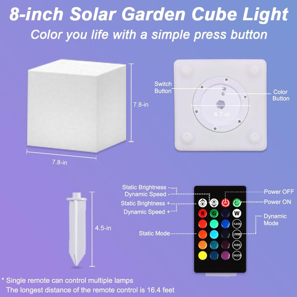 8-in Garden Solar Cube Light Outdoor, Waterproof Solar Cube Lamp for Outside w/Remote, 16 RGB Color 4 Mode Glow Tesseract Cosmic Cubes, Illuminate Cubes Mood Lamp w/Ground Stake for Patio Yard Pathway