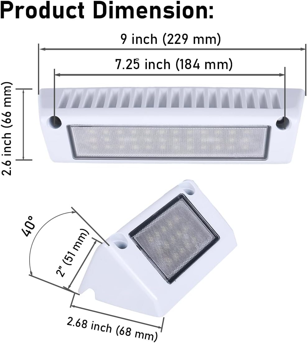 9" 36W RV Exterior Light, Outdoor Porch Lighting for RVs/Trailer/Camper, 40°Down Angle Cool White Flood Beam, 12-28V DC LED Cargo Scene Light Fixtures, IP67 Waterproof, White Finish,1-Pack