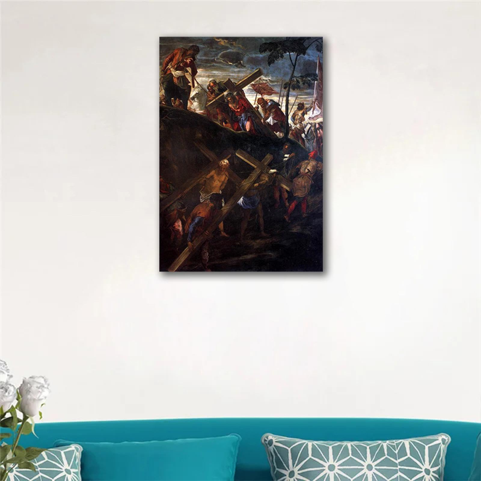 LXURY Famoso dipinto su tela-La salita al Calvario-Stampe su tela da parete-Opera d'arte Riproduzione classica-Poster per soggiorno Decorazioni per la casa 50x75 cm cornice interna