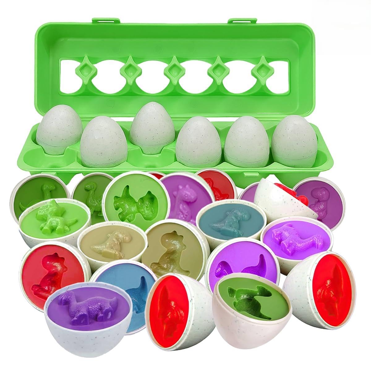 Toyana Baby Matching Eggs Toy in Box, 12 Eggs 24 PCs Dinosaur Shape Sorting Puzzle, Fine Motor Skills Toy, Educational Sensory Learning Preschool Toddler Montessori Easter Gift Play Set for Boys Girls