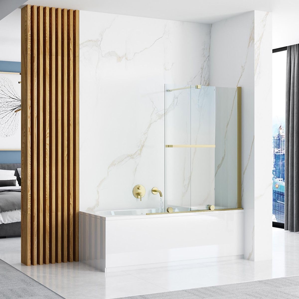 REA MAMPARA DE BAÑO FABIAN 100 CM MAMPARA DE BAÑERA, ALTURA 140 CM (ORO CEPILLADO)