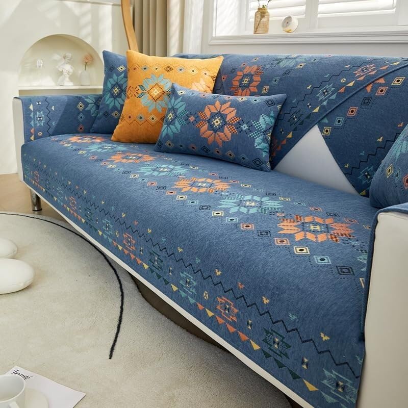 Housse de canapé sectionnelle en chenille douce et couvre-canapé bohème bleu