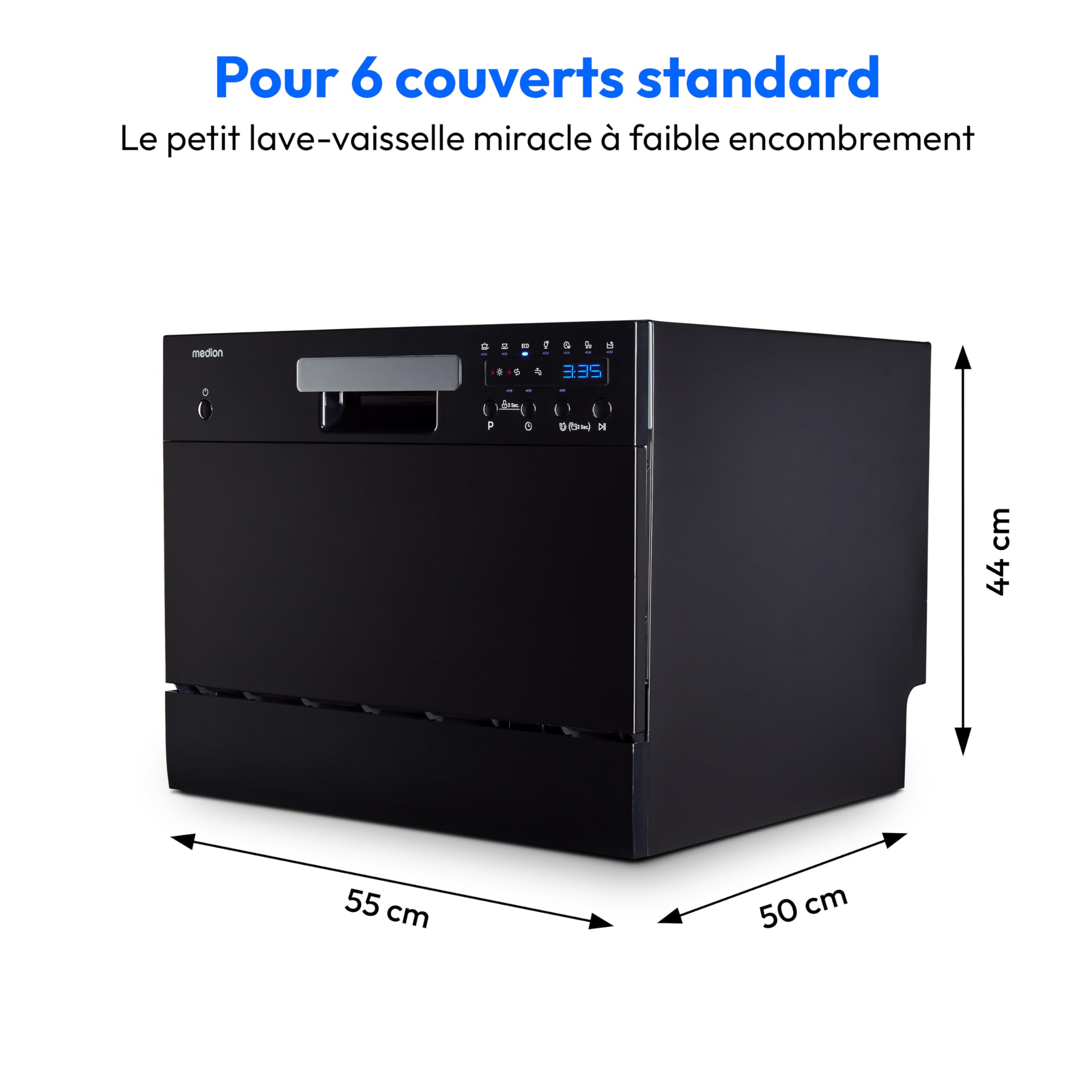 MEDION Lave-vaisselle de table DWT 60 (capacité 6 couverts, 7 programmes, affichage LED, 47 dB, MD37496), noir
