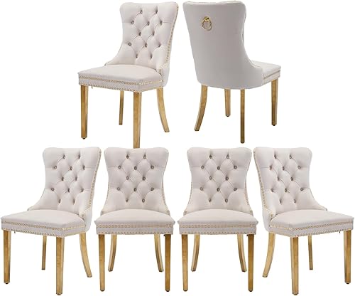 Miniatura 47 de Juego de 6 sillas de comedor de terciopelo gris, modernas sillas de comedor con respaldo copetudo y patas de madera maciza, sillas de comedor Gris