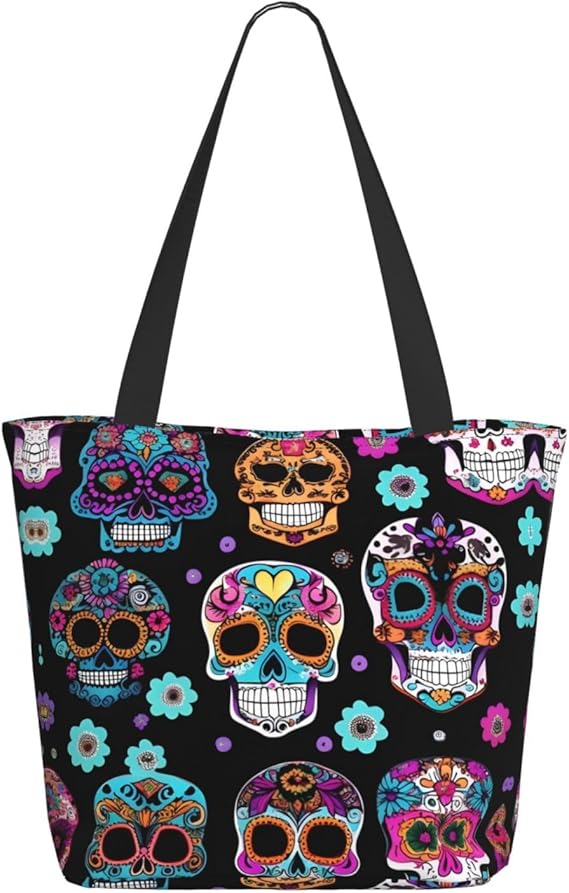 Sugar Skull Tote Bag with Zipper for Women Inside Mesh Pocket Heavy Duty Casual Anti-water Cloth Shoulder Handbag Outdoors, Black