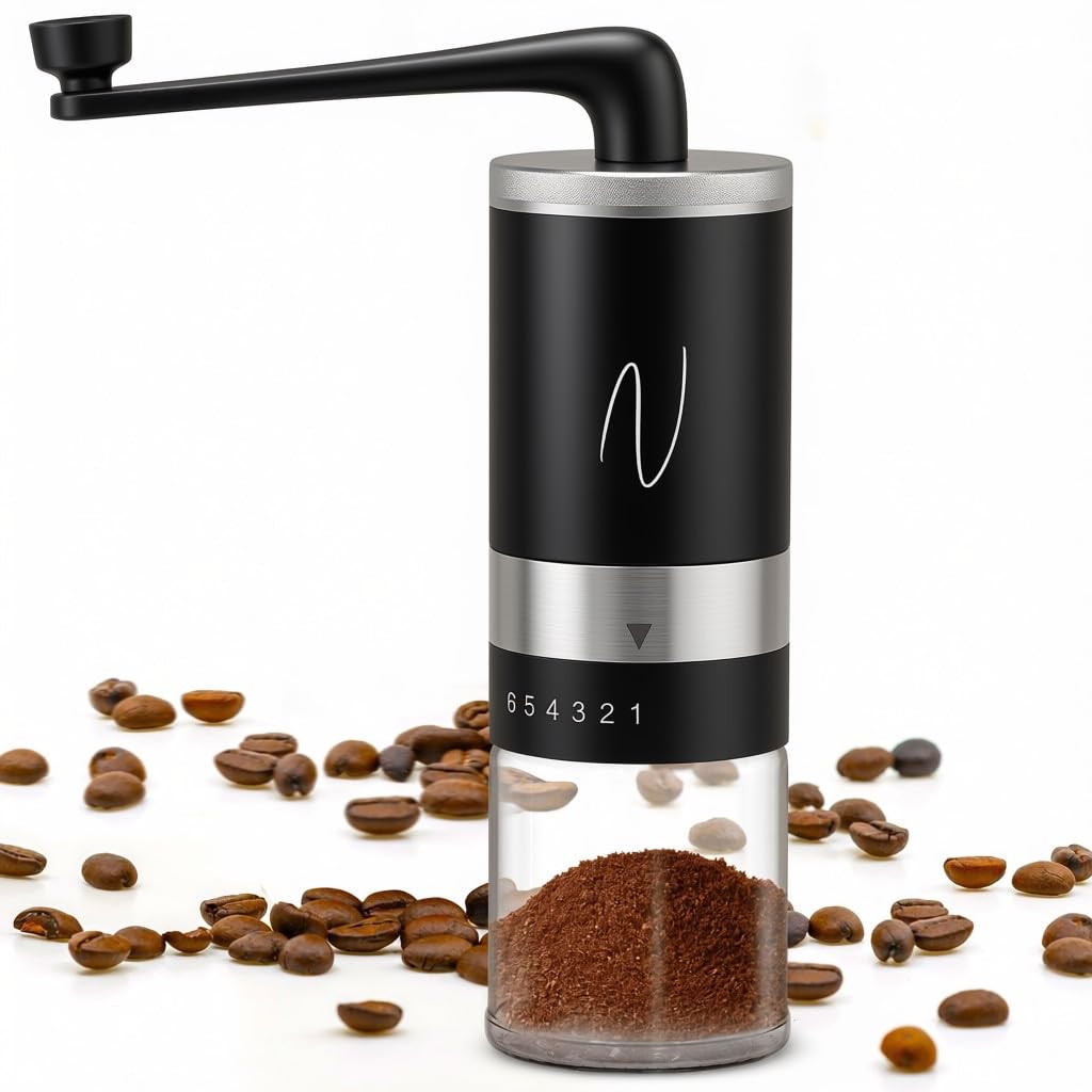 Manual Coffee Grinder – Hand Crank Burr Coffee Bean Grinder, 6 Grind Settings for Espresso, French Press &amp; Pour Over – Quiet, Portable, Durable Stainless Steel Manual Grinder for Home &amp; Travel (Black)
