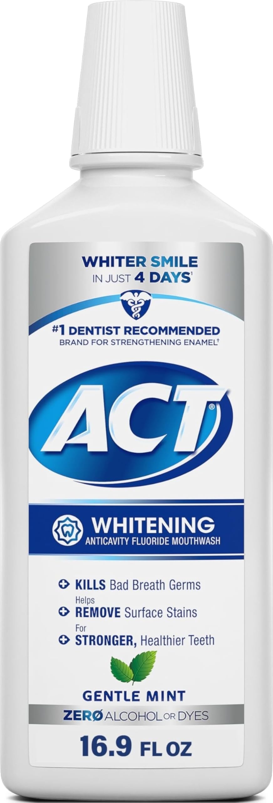 ACT Whitening + Anticavity Fluoride Mouthwash 16.9 fl. oz. With Zero Alcohol, Dye Free, Gentle Mint