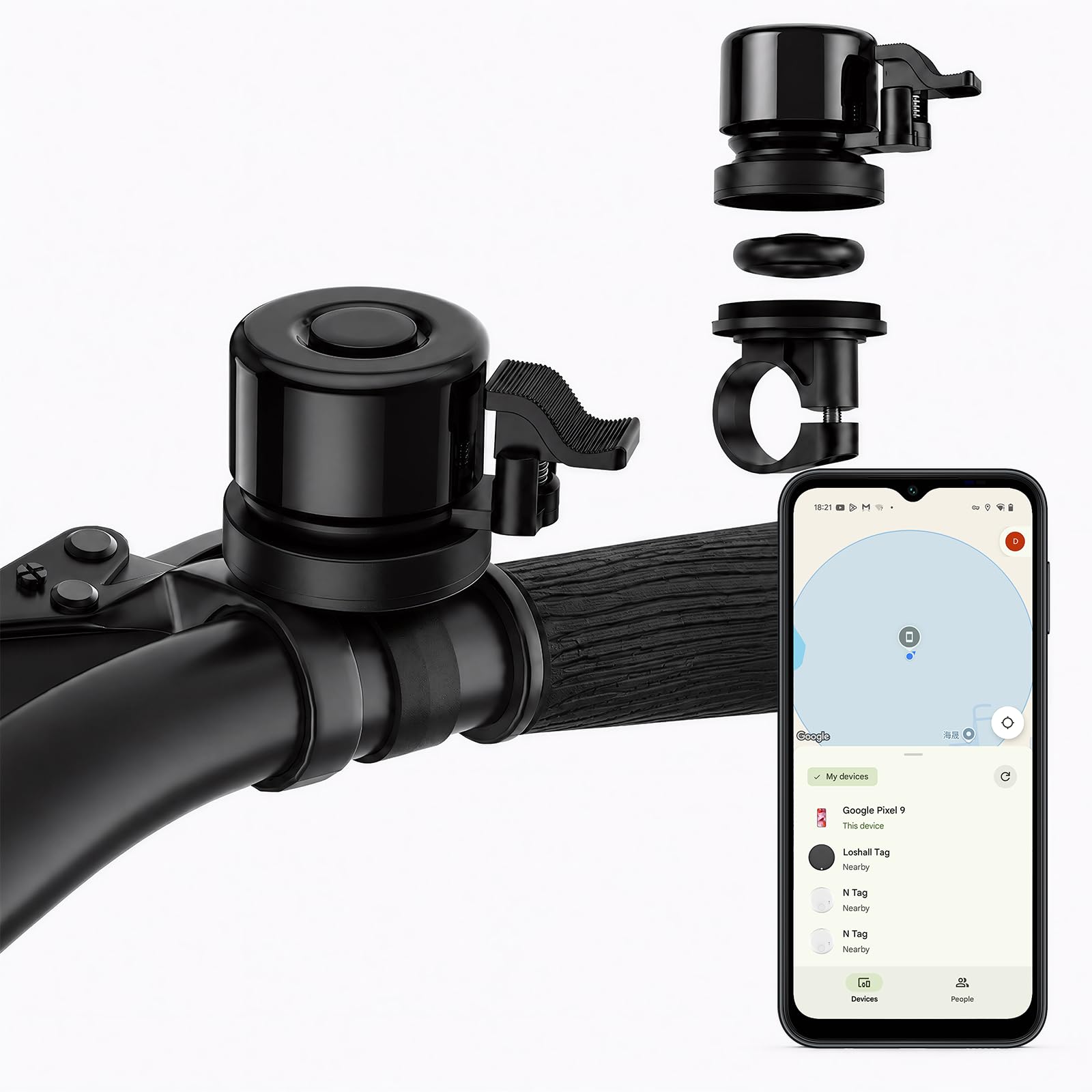 Spedal Bike Bell with Tracker for Android, Works with Google Find Hub, Hidden Anti-Theft Bicycle Bell, Waterproof Stainless Steel Bell, Fits 22-25mm Handlebars, for Road Mountain Bikes