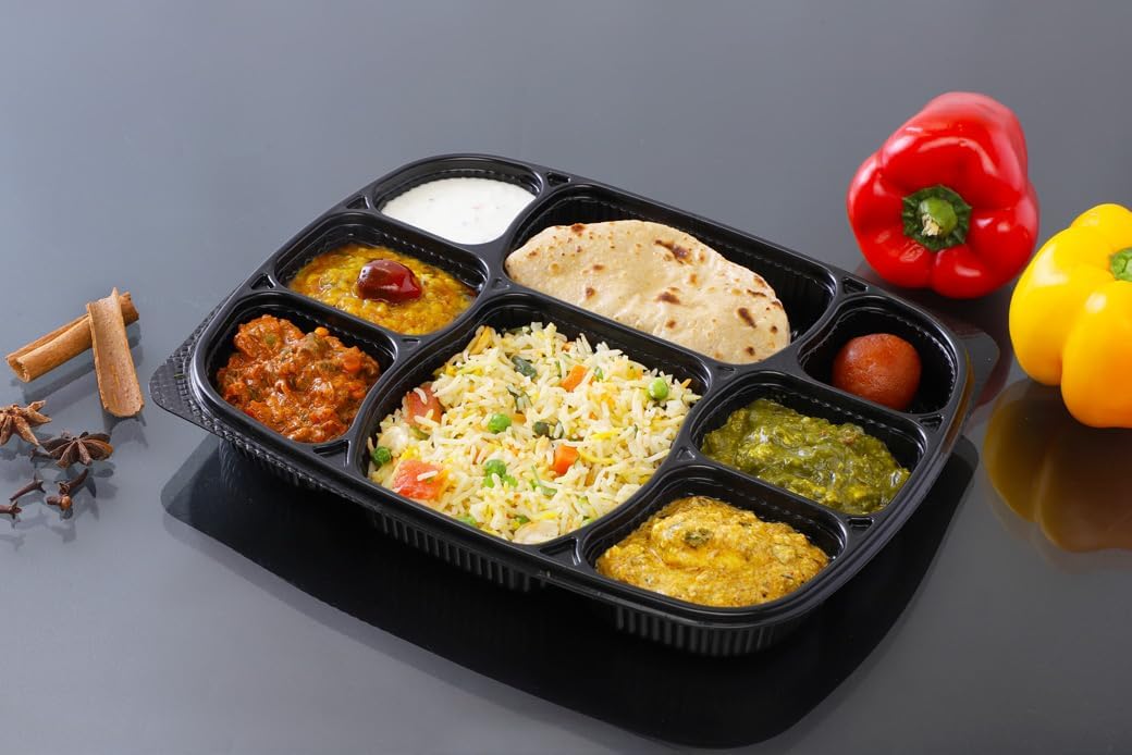 Meal Tray with lid Set of 10pc Microwave Safe 8 Compartment Plates for Dinner, Lunch, Unbreakable Made of 100% BPA Free Food Grade Virgin Plastic Black