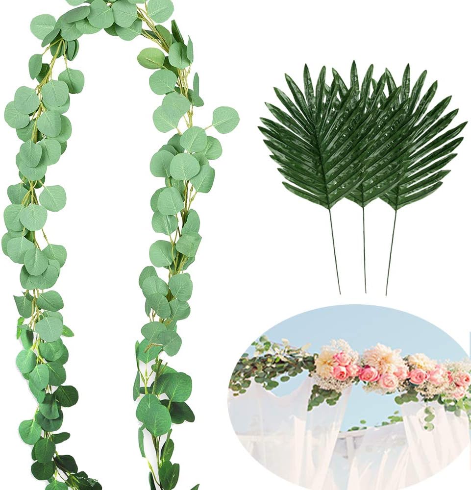 Artificial Vines Eucalyptus Garland Faux Silk Eucalyptus Leaves with 12pcs Tropical Palm Leaves,Home Wedding Backdrop Arch Hawaiian Luau Jungle Tiki Safari Party Decors(Light Eucalyptus)