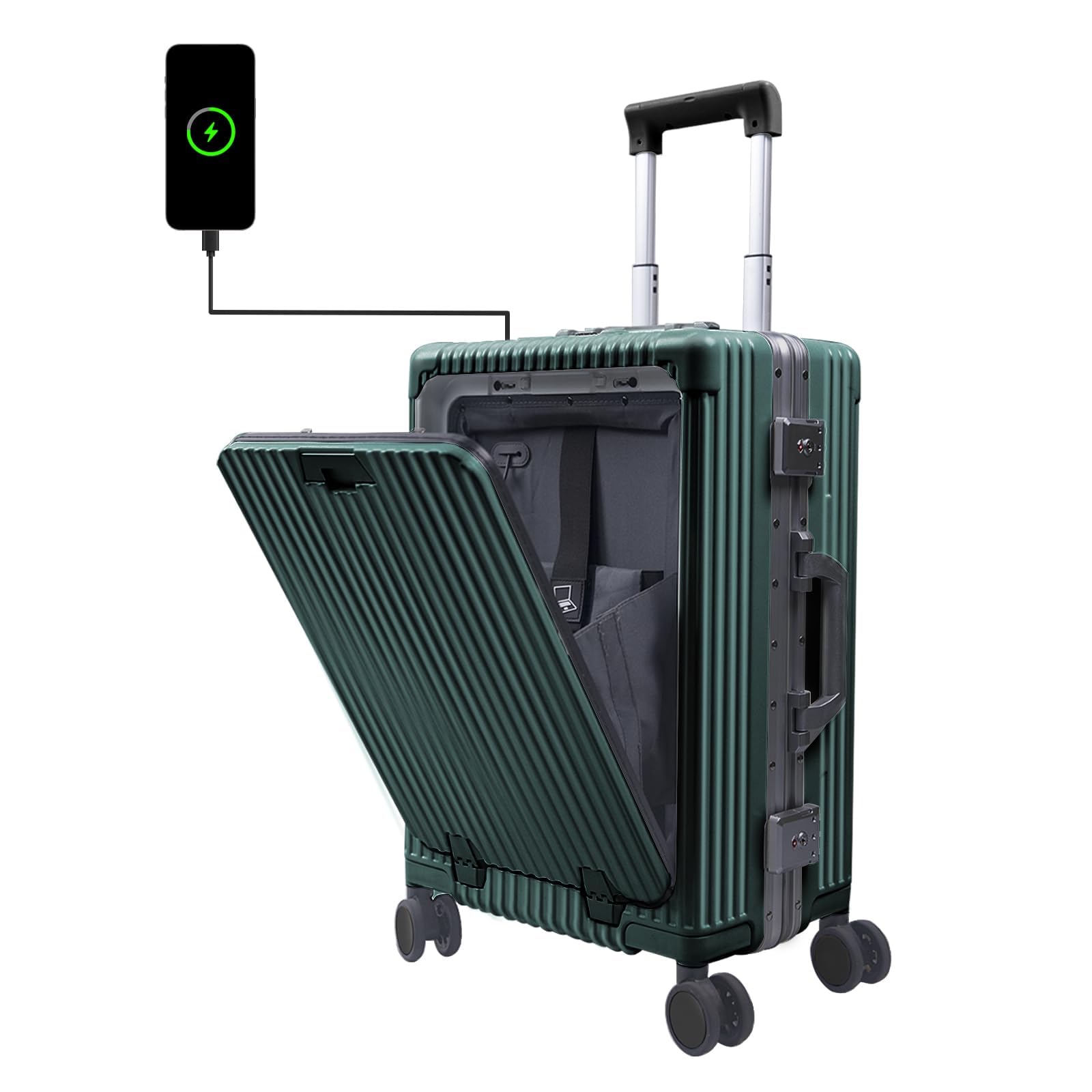 DwanNutsAirline Approved Carry on Luggage with Spinner Wheels,20 inch Aluminum Framed Suitcase,Built-In TSA lock,with USB Port & Cup Holder & Phone Holder Hard Case Luggage Travel Suitcase(White) (Silver)