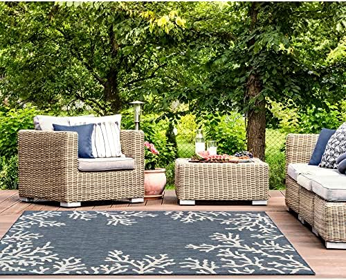 Liora Manne Carmel Indoor/Outdoor Power Loomed Synthetic Blend Low Profile Area Rug - Transitional Border Coastal Ocean Decorative (Coral Border Navy) (7'10" x 9'10")