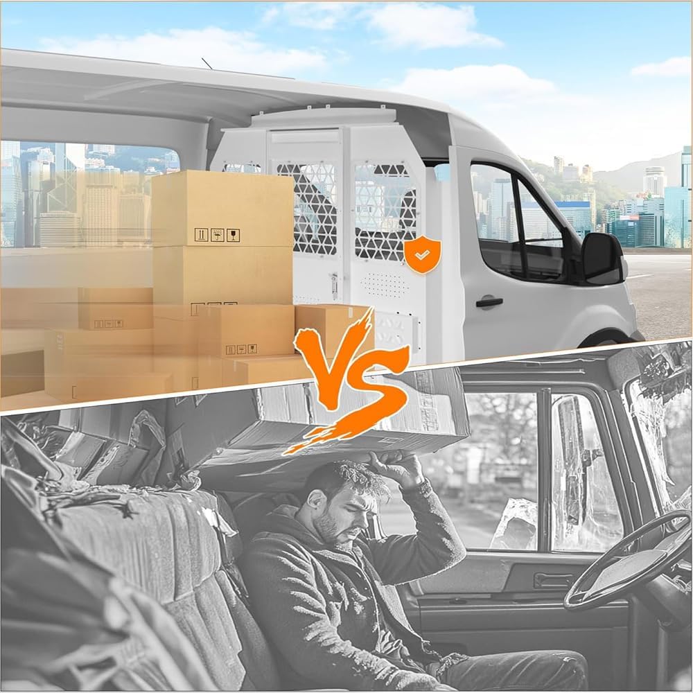 Van Bulkhead Safety Partition | Compatible with Ford Transit 150/250/350 Medium Roof | Durable Steel Barrier for Cargo Protection (White)