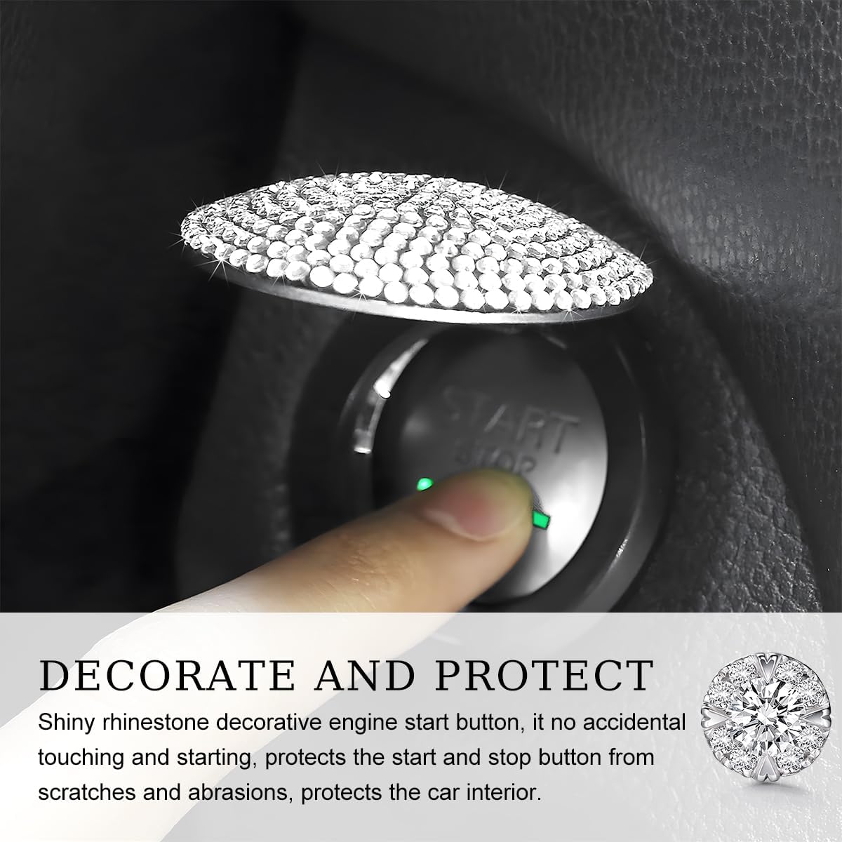povtii Car Start Stop Button Cover, Anti-Scratch Bling Push Start Button Ignition Protective Cover, Rhinestone Crystal Car Engine Button Decoration Protector, Car Accessories (Black)