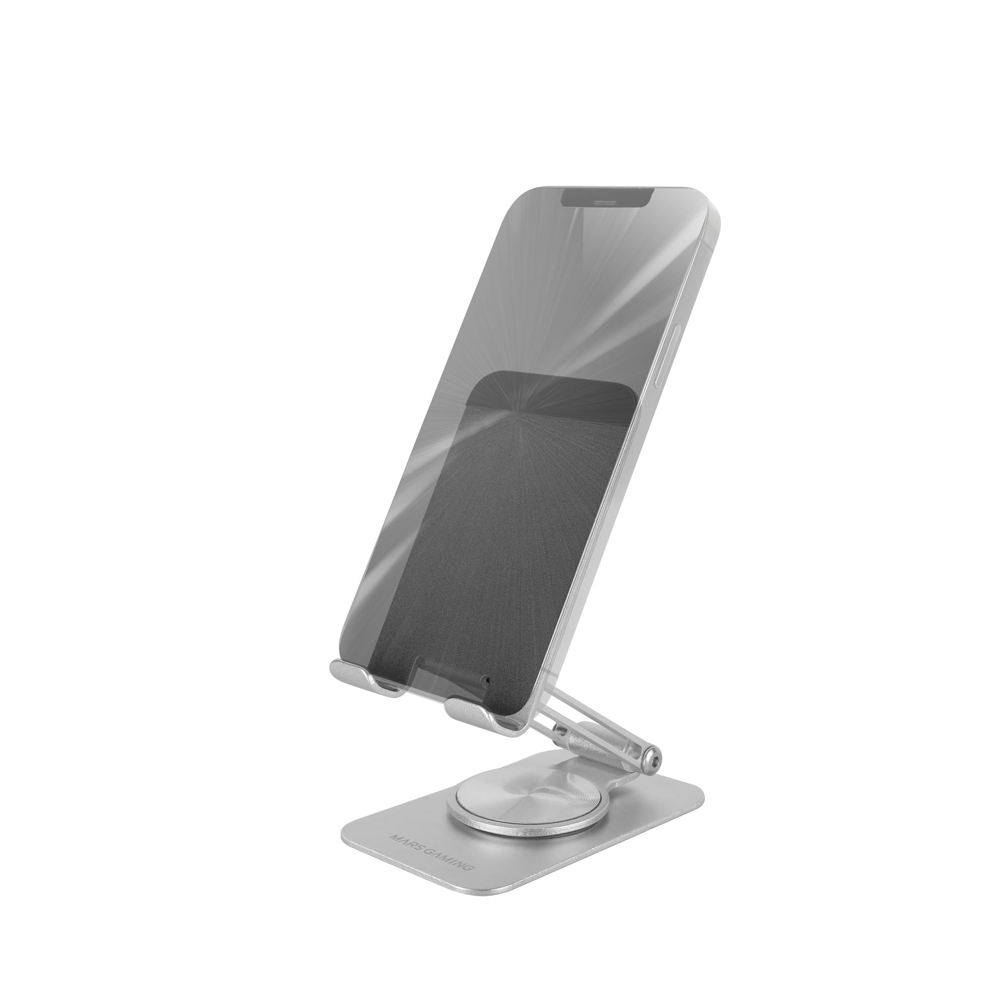 Mars Gaming MA-RSS Foldable Smartphone Stand, 360° Dynamic Rotation + 180° Height and Angle Adjustment, Aluminium Mobile Phone Stand, Anti-Slip, Silver Grey