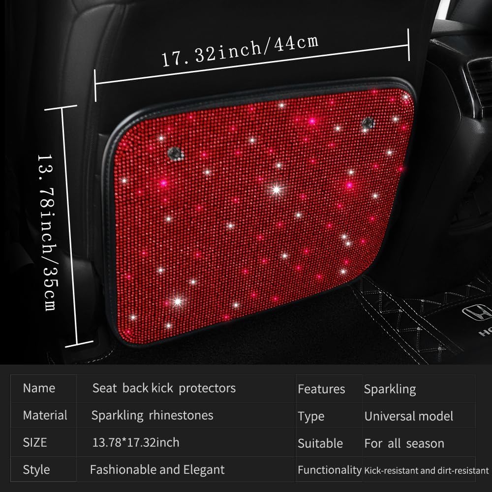 Sparkling Diamond Auto Kick Mats Back Seat Protector Cute Kick Mats Protect from Dirt Mud Seat Back Protector with Bling Crystal Rhinestone Car Interior Decor Accessories Red 2Pcs