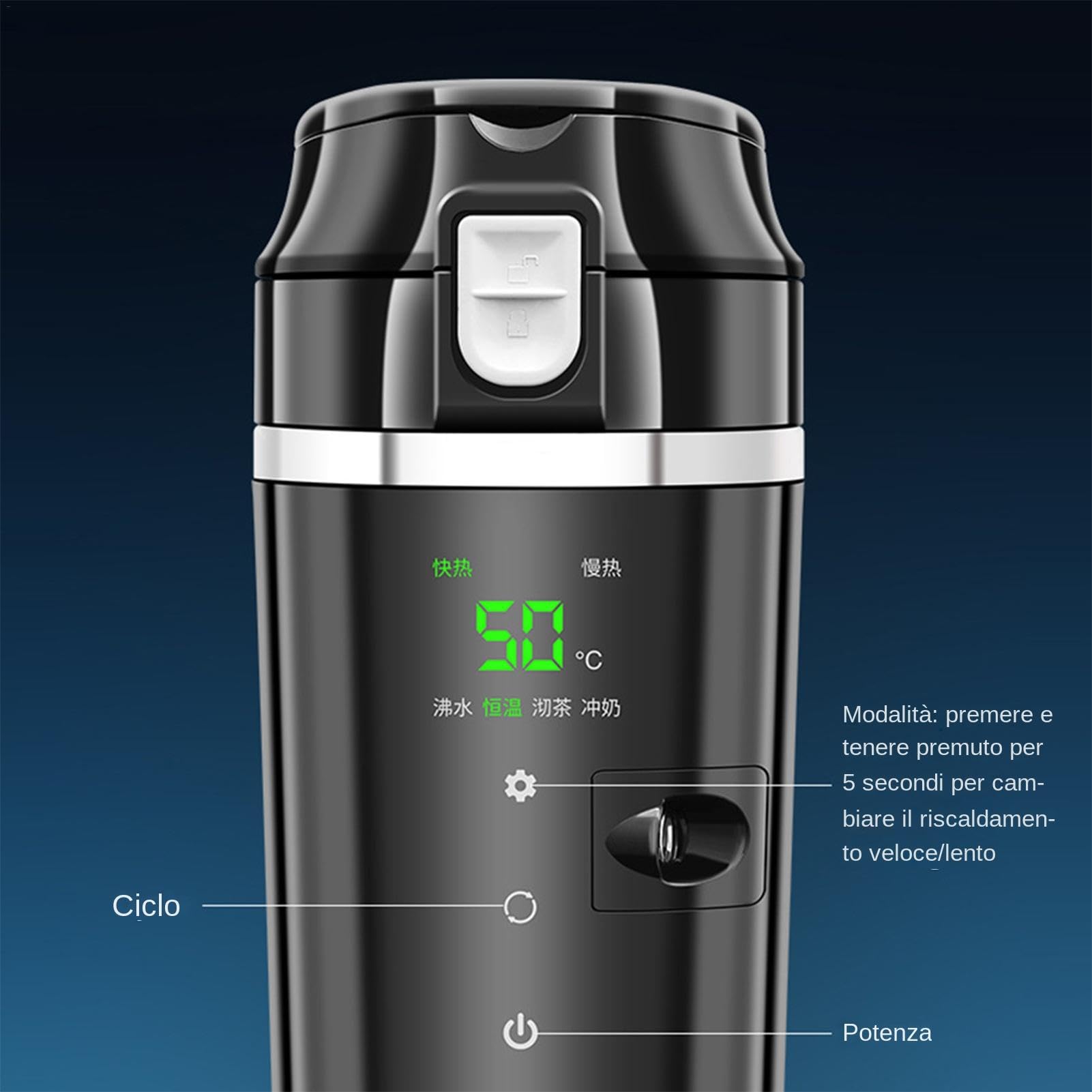 Taza calefactora para coche - Calentador de bebidas para coche, hervidor de control de temperatura | Calentador de bebidas para coche eléctrico de 500 ml, ajustes de temperatura flexibles Riscal