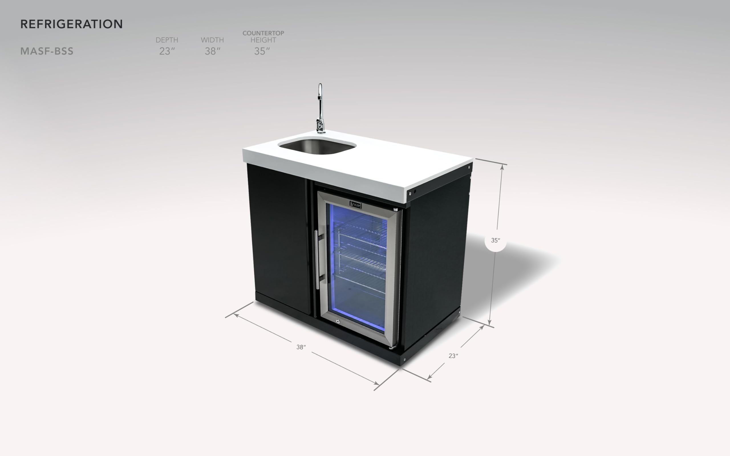 Mont Alpi Premium 38"W x 23"D x 46"H Black Stainless Steel Outdoor Beverage Center Module with 2.7 Cu. Ft. Glass Door Refrigerator + Faucet & Sink Combo + Storage Cabinet + White Granite Countertops on Fridge.com