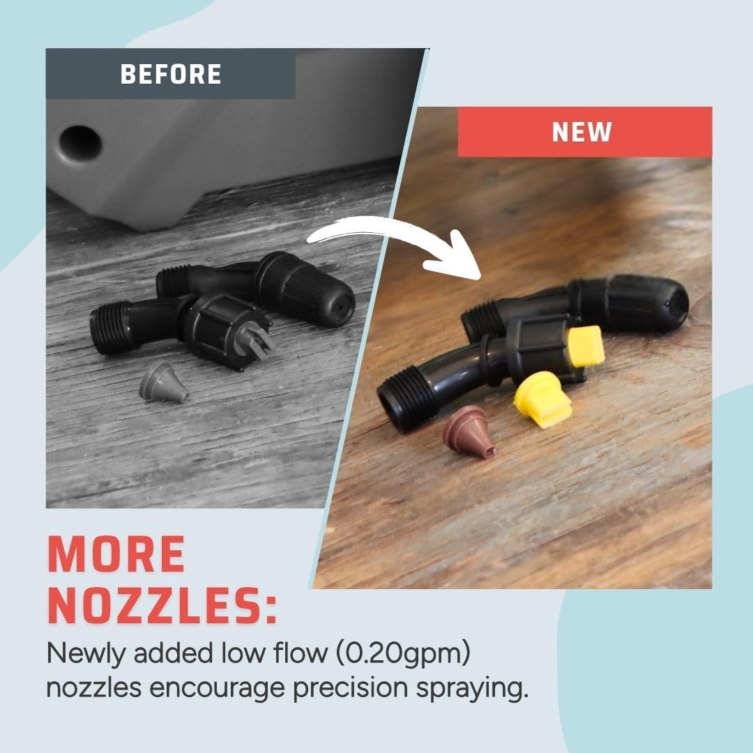 Comparison of old and new sprayer nozzles, highlighting the newly added low flow nozzles.