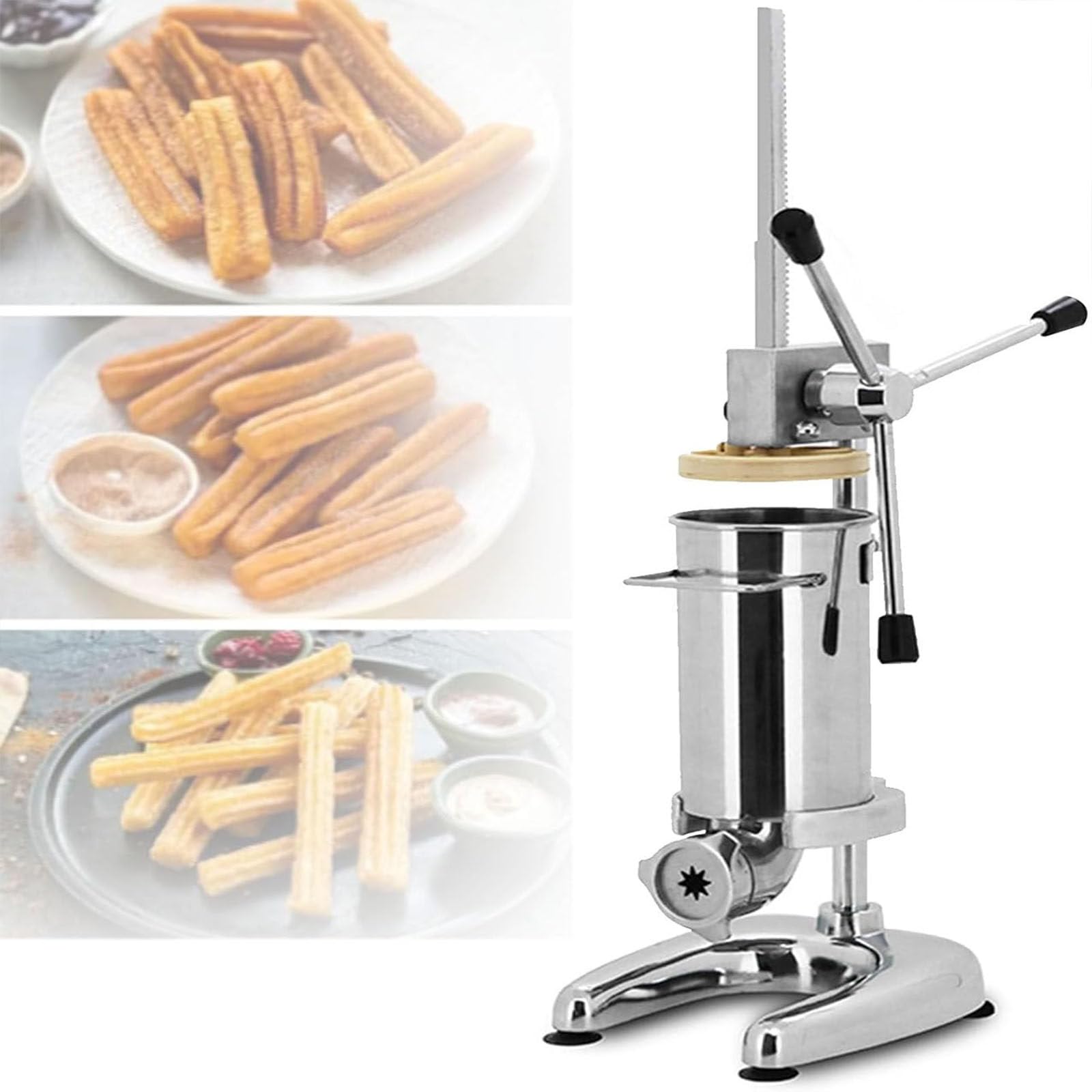 SENJINGHUA Vertical Spanish Churros Maker,Stainless Steel Spanish Churrera Machine with 5 Molds, Latin Fruit Donut Machine, Manual Sausage Filler Machine for Restaurants and Bakeries,3L