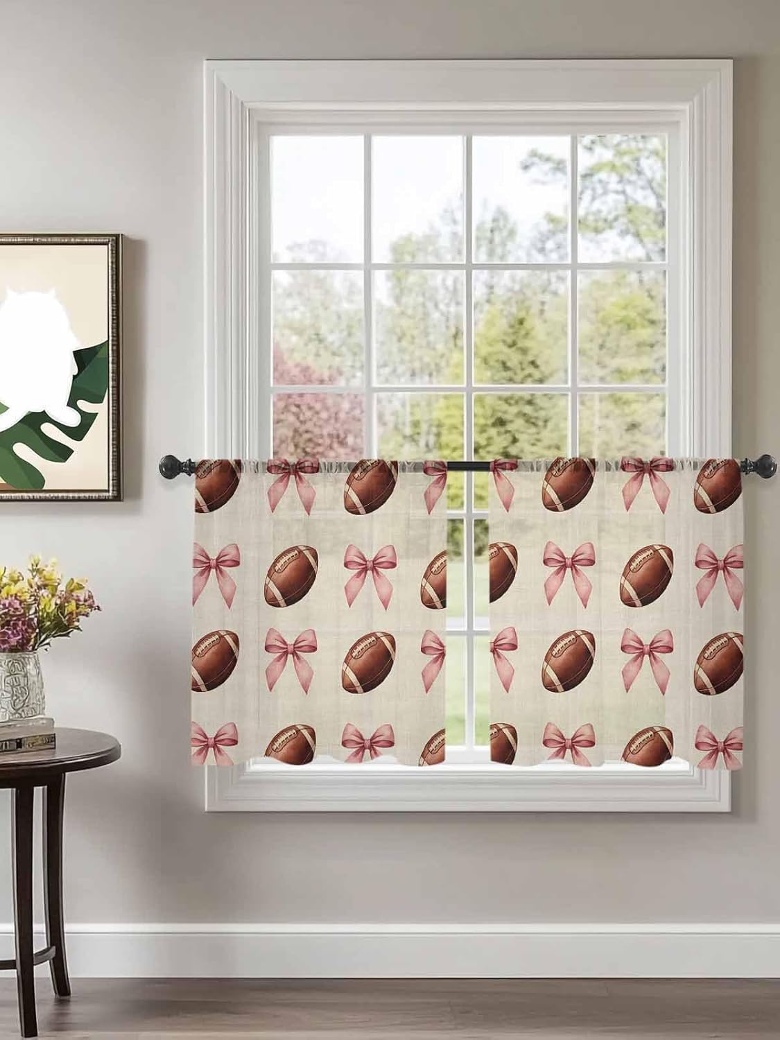 Vintage Brown Football Sheer Curtains 45 Inches Long Pink Bow Retro Linen Sports Abstract Style 2 Panels Set Chiffon Sheer Curtain Panels Semi Sheer Drapes for Living Room Bedroom Yard