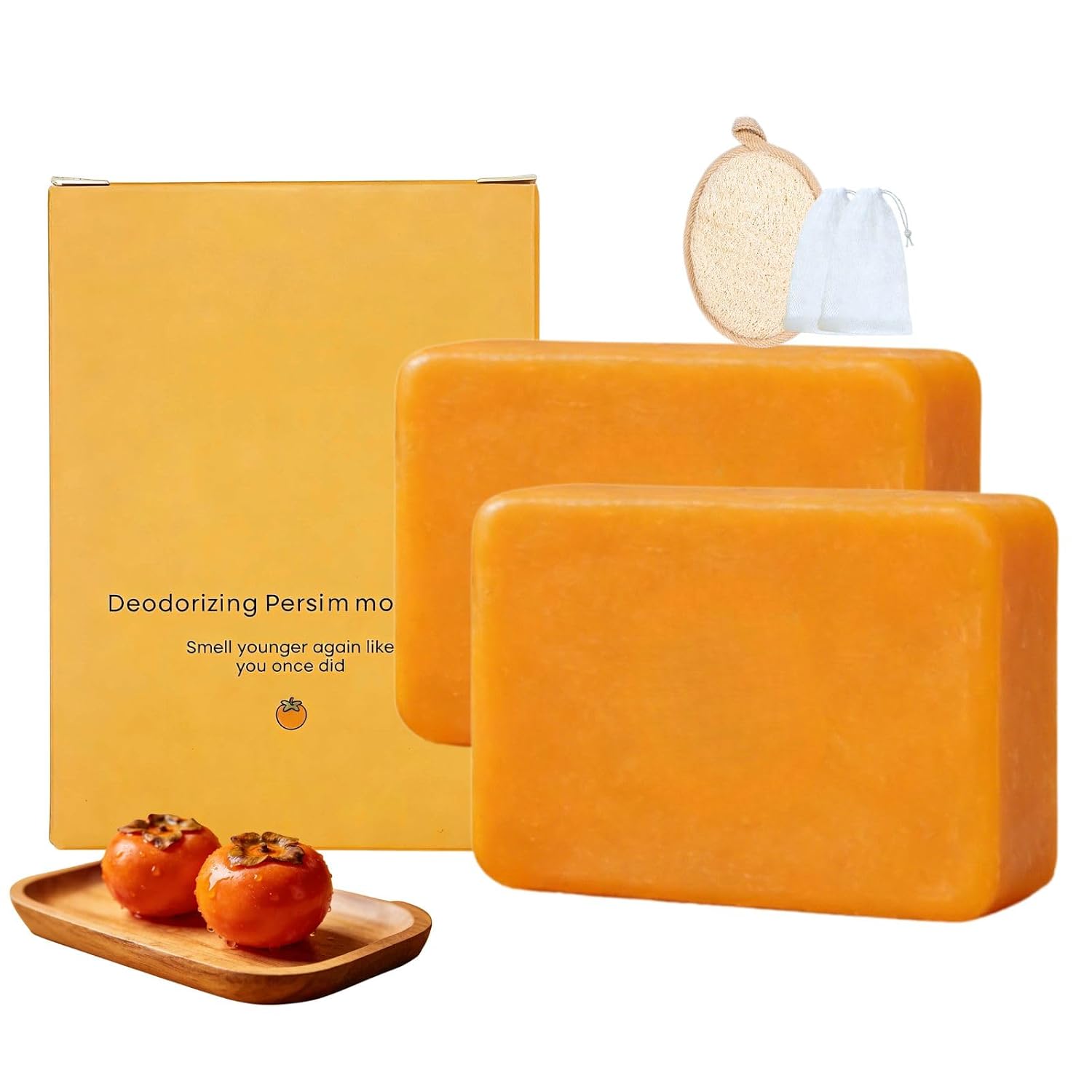 Generic Natural Japanese Persimmon Soap, 2 Pcs Deodorizing Body Soap for Senior & Body Odor, with Exfoliating Loofah Pad & Foaming Nets Designed for odor care, Mild for Most Skin Types