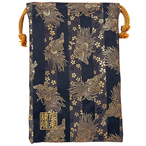 千糸繍院 西陣織 金襴 巾着袋(裏地付き) 黒金鳳凰桜 中サイズ